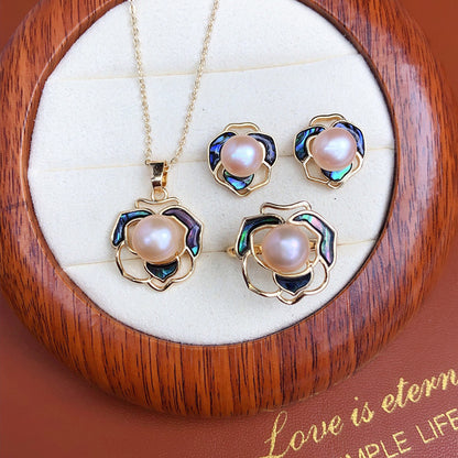 Lady Flower Copper Plating Inlay Freshwater Pearl Shell Jewelry Set