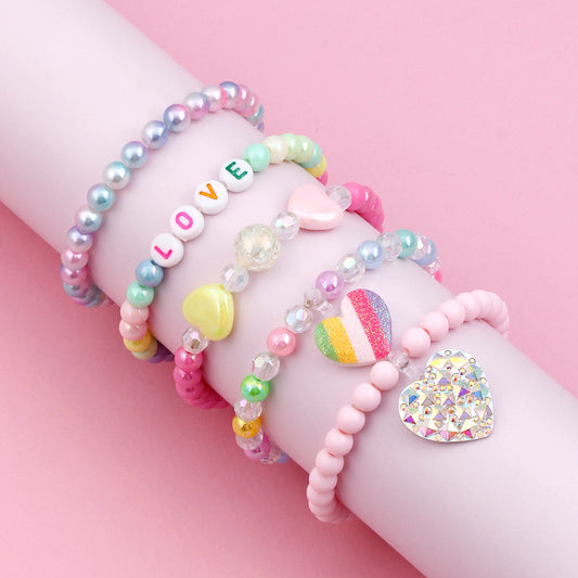 Cute Handmade Sweet Heart Shape Arylic Synthetic Resin Beaded Handmade Girl's Bracelets