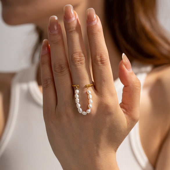 Ig Style Streetwear Geometric Stainless Steel Freshwater Pearl Plating 18k Gold Plated Open Rings