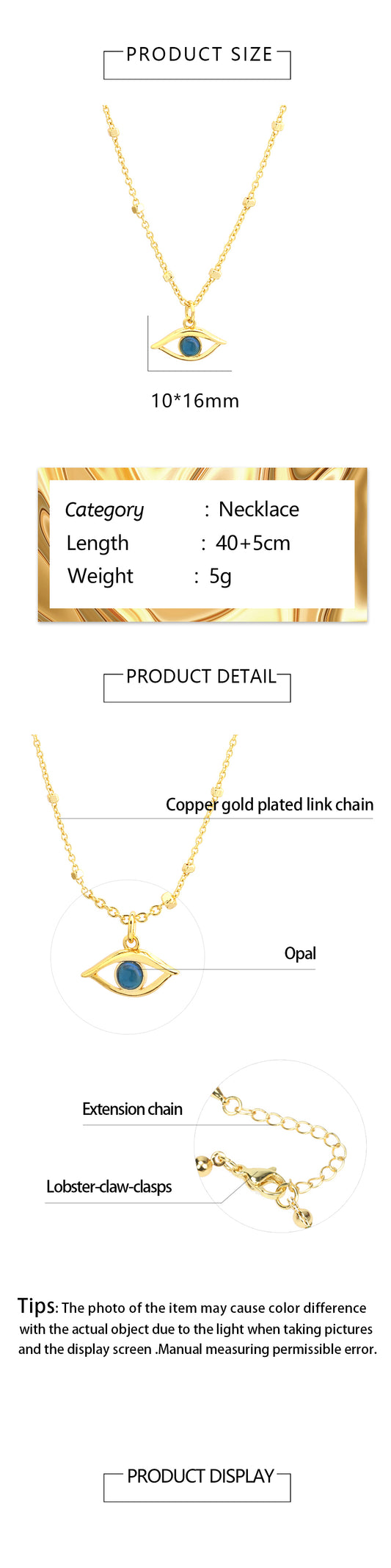Retro Simple Style Eye Copper 18k Gold Plated Opal Pendant Necklace In Bulk