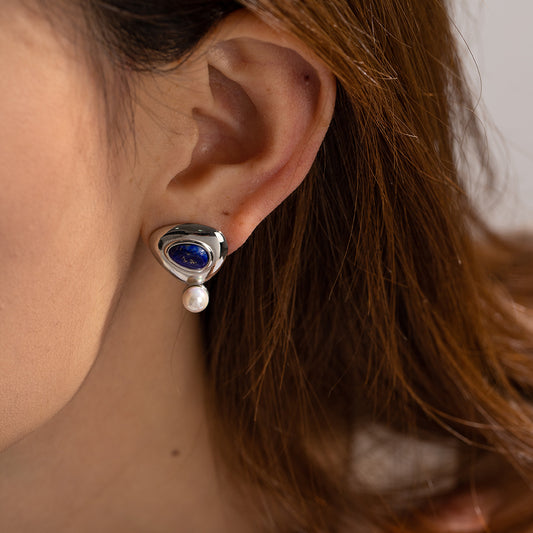 1 Pair Casual Elegant Triangle Plating Inlay Stainless Steel Artificial Pearls Lapis Lazuli 18k Gold Plated Ear Studs