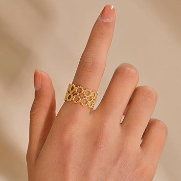 Vintage Style Grid Stainless Steel Plating 18k Gold Plated Open Rings