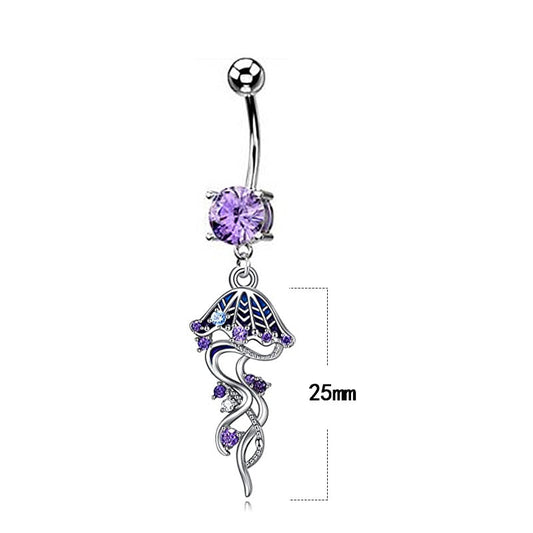 Cute Tropical Jellyfish Stainless Steel Copper Epoxy Inlay Rhinestones Zircon White Gold Plated Belly Ring