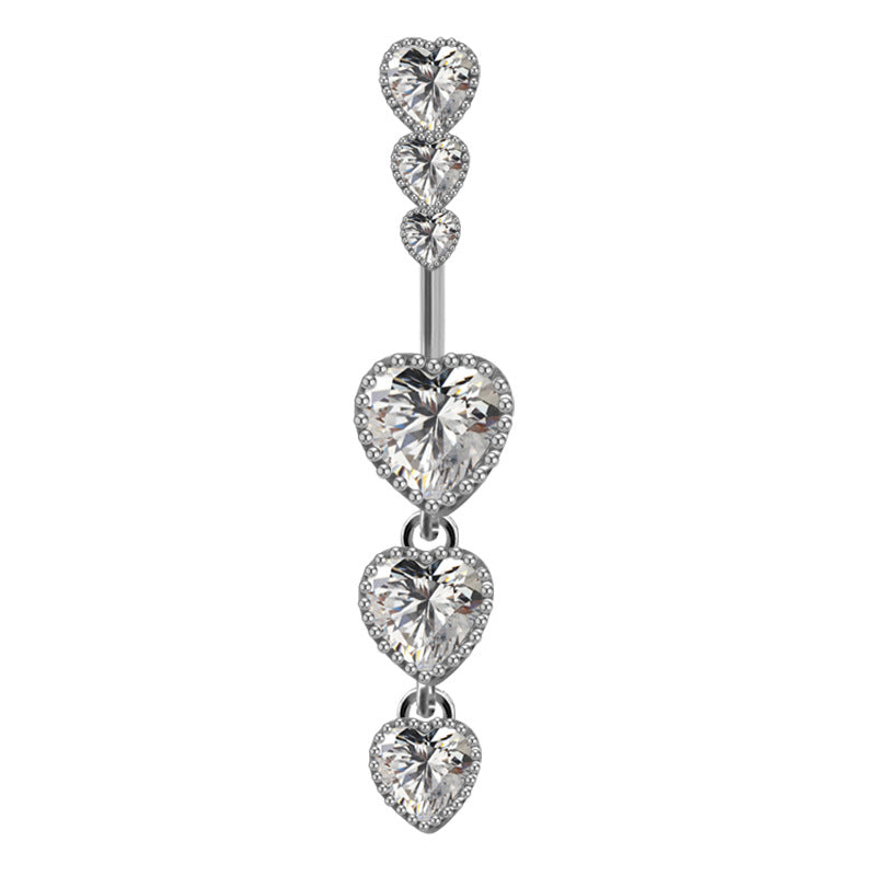 Cute Luxurious Heart Shape Stainless Steel Copper Plating Inlay Gem Rhinestones Zircon White Gold Plated Belly Ring