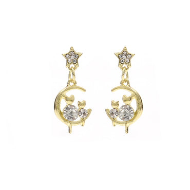 1 Pair Sweet Artistic Star Moon Cat Three-dimensional Hollow Out Inlay Alloy Artificial Diamond Drop Earrings