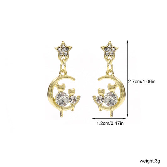 1 Pair Sweet Artistic Star Moon Cat Three-dimensional Hollow Out Inlay Alloy Artificial Diamond Drop Earrings