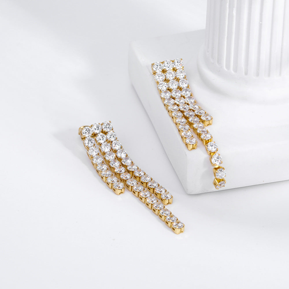 1 Pair Nordic Style French Style Streetwear Tassel Plating Inlay Stainless Steel Rhinestones 18k Gold Plated Drop Earrings