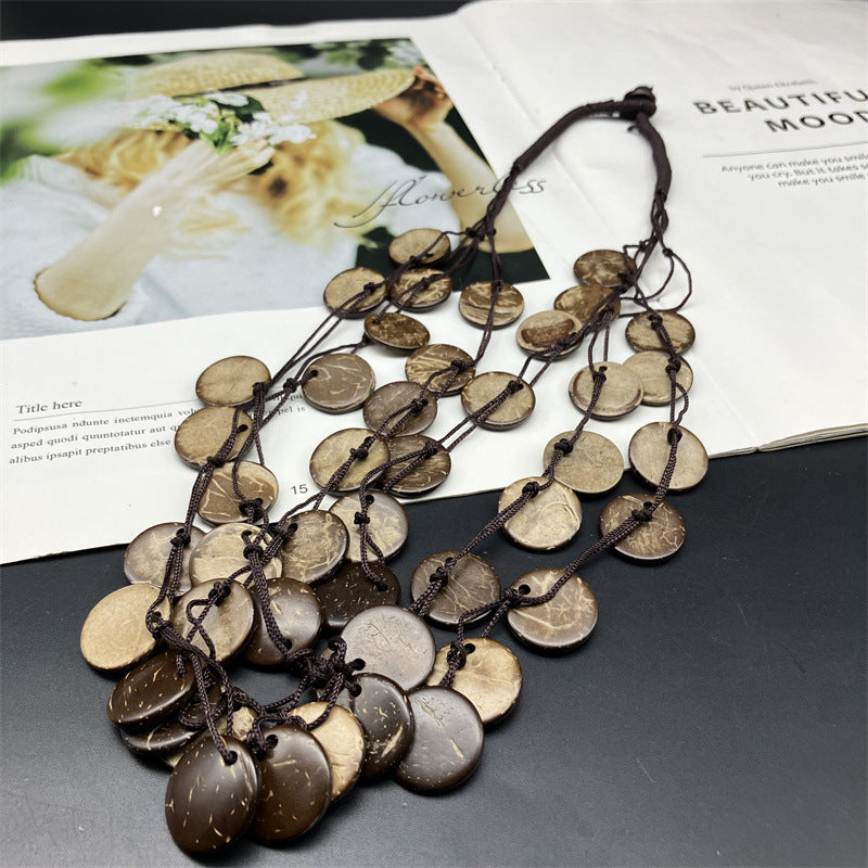Bohemian Geometric Water Droplets Wood Stoving Varnish Women's Long Necklace