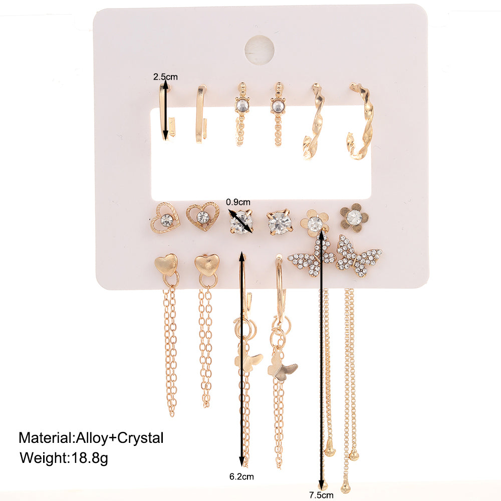 9 Pairs Elegant Shiny Tassel Heart Shape Butterfly Plating Inlay Imitation Pearl Alloy Artificial Gemstones Artificial Pearls Rhinestones Gold Plated Silver Plated Earrings