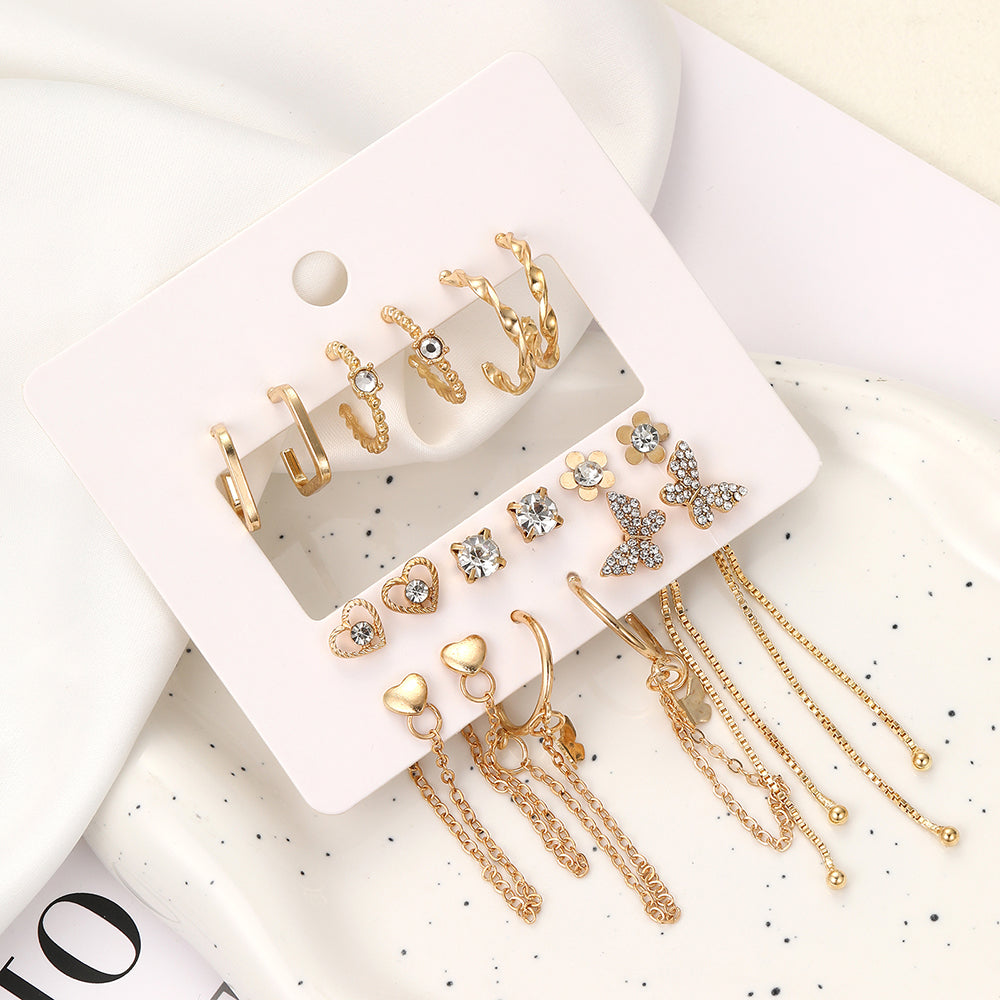 9 Pairs Elegant Shiny Tassel Heart Shape Butterfly Plating Inlay Imitation Pearl Alloy Artificial Gemstones Artificial Pearls Rhinestones Gold Plated Silver Plated Earrings