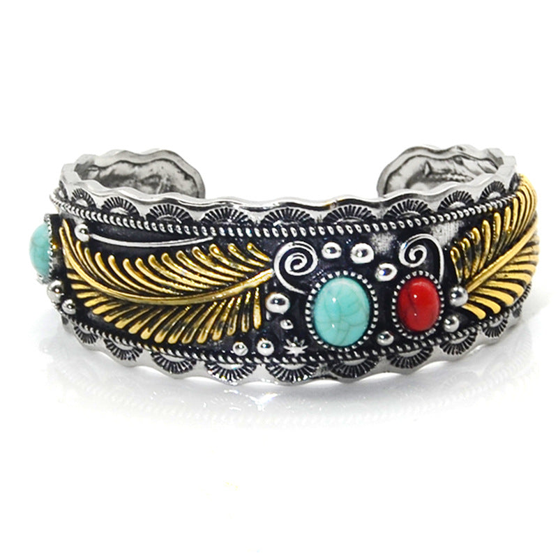 Retro Leaves Oval Ancient Silver-plated Plating Inlay Turquoise Women's Bangle
