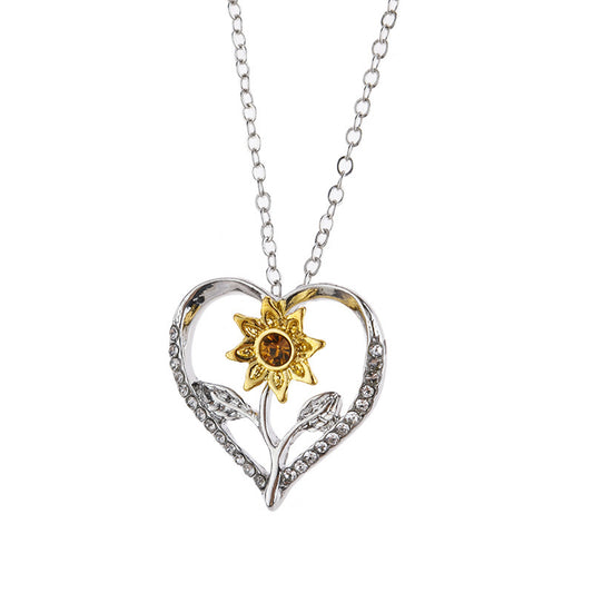 Sweet Sunflower Heart Shape Alloy Iron Plating Inlay Rhinestones White Gold Plated Women's Pendant Necklace