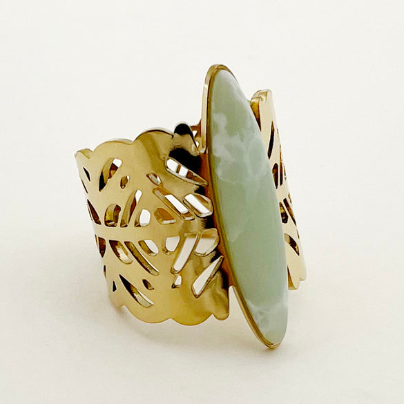 Vintage Style Roman Style Oval Stainless Steel Plating Hollow Out Inlay Natural Stone Gold Plated Open Rings