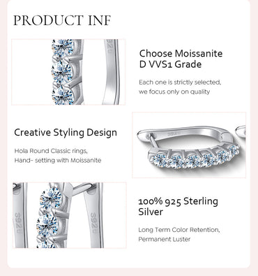 Elegant U Shape Sterling Silver Gra Inlay Moissanite Earrings
