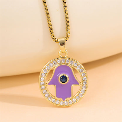 Classic Style Devil's Eye Hand Of Fatima Stainless Steel Copper Plating Inlay Zircon 18k Gold Plated Pendant Necklace