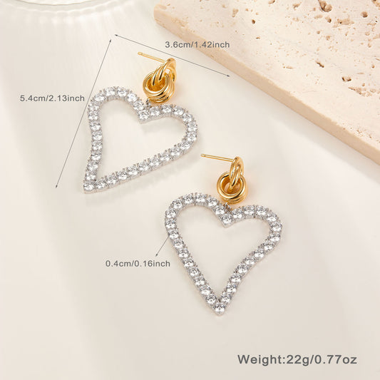 1 Pair Elegant Shiny Circle Heart Shape Inlay Sterling Silver Zircon White Gold Plated Drop Earrings