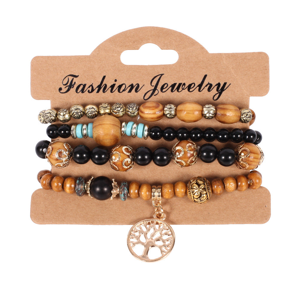 Bohemian Tree Flower Alloy Wooden Beads Charm Women's Bracelets