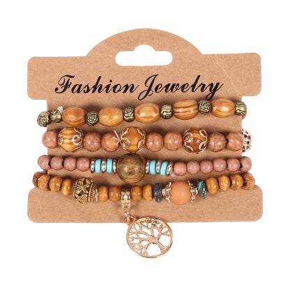 Bohemian Tree Flower Alloy Wooden Beads Charm Women's Bracelets