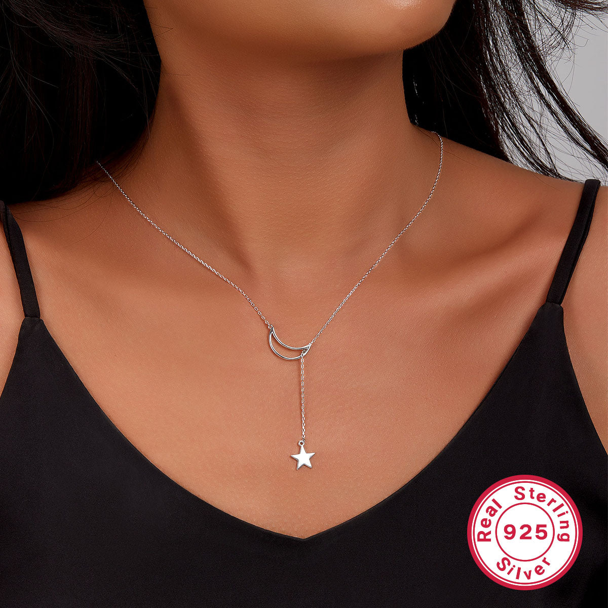 Elegant Cute Simple Style Star Moon Sterling Silver Plating White Gold Plated Pendant Necklace