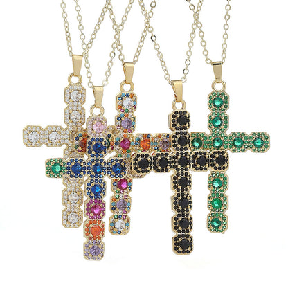 Classic Style Cross Copper Zircon Pendant Necklace In Bulk