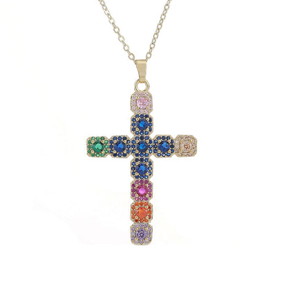 Classic Style Cross Copper Zircon Pendant Necklace In Bulk