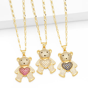Cute Little Bear Heart Shape Stainless Steel Copper Plating Inlay Zircon 18k Gold Plated Pendant Necklace