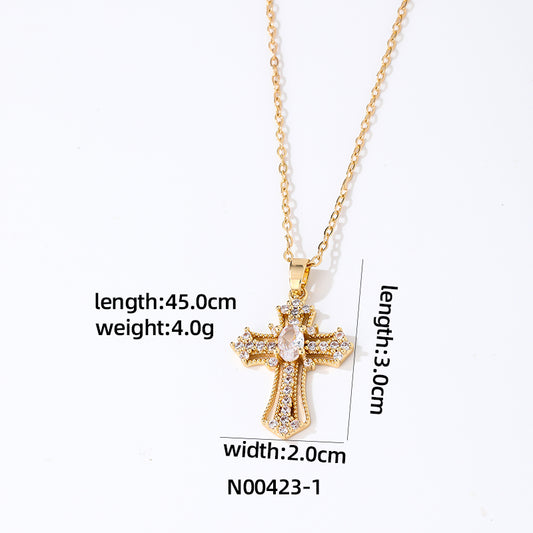 Wholesale Vintage Style Simple Style Cross Stainless Steel Copper Plating Inlay Gold Plated Zircon Earrings Necklace