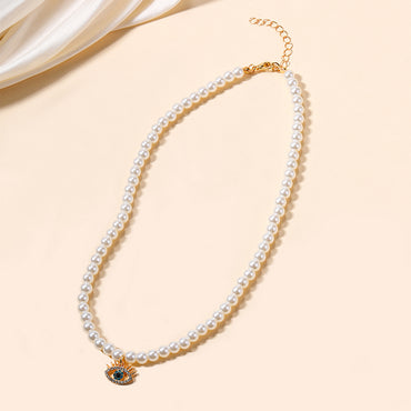 Ig Style Shiny Devil's Eye Imitation Pearl Beaded Hollow Out Inlay Rhinestones Women's Pendant Necklace