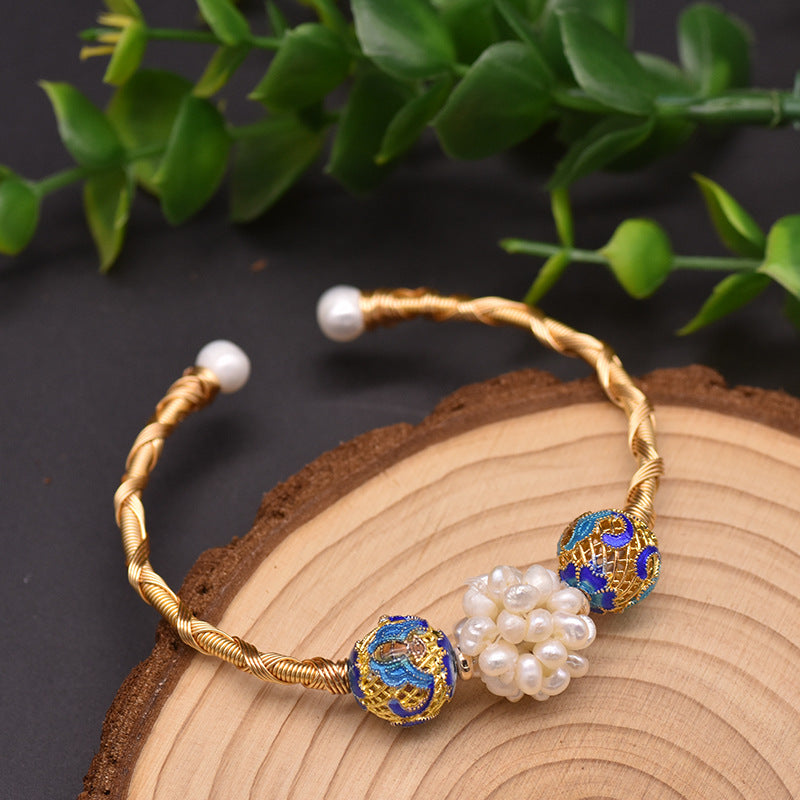 Retro Solid Color Crystal Freshwater Pearl Plating Cuff Bracelets