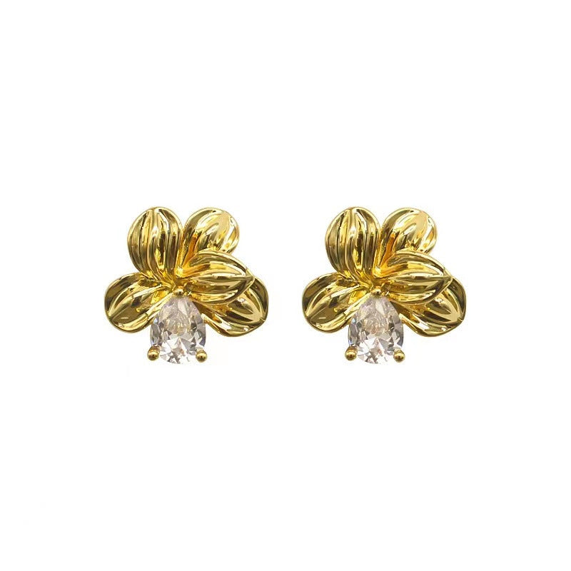 1 Pair Lady Shiny Flower Inlay Alloy Rhinestones Gold Plated Ear Studs