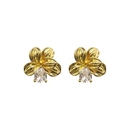1 Pair Lady Shiny Flower Inlay Alloy Rhinestones Gold Plated Ear Studs