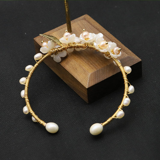 Retro Leaves Flower Freshwater Pearl Sterling Silver Plating 18k Gold Plated Bangle