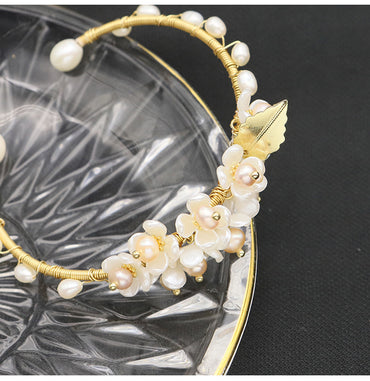 Retro Leaves Flower Freshwater Pearl Sterling Silver Plating 18k Gold Plated Bangle
