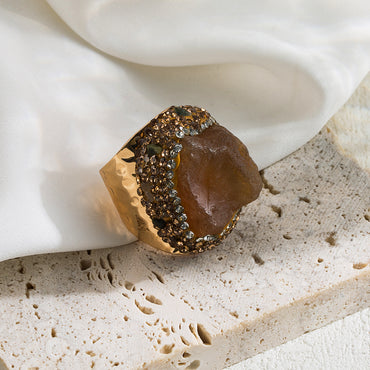 Retro Artistic Geometric Copper Gold Plated Natural Stone Pearl Zircon Open Rings In Bulk