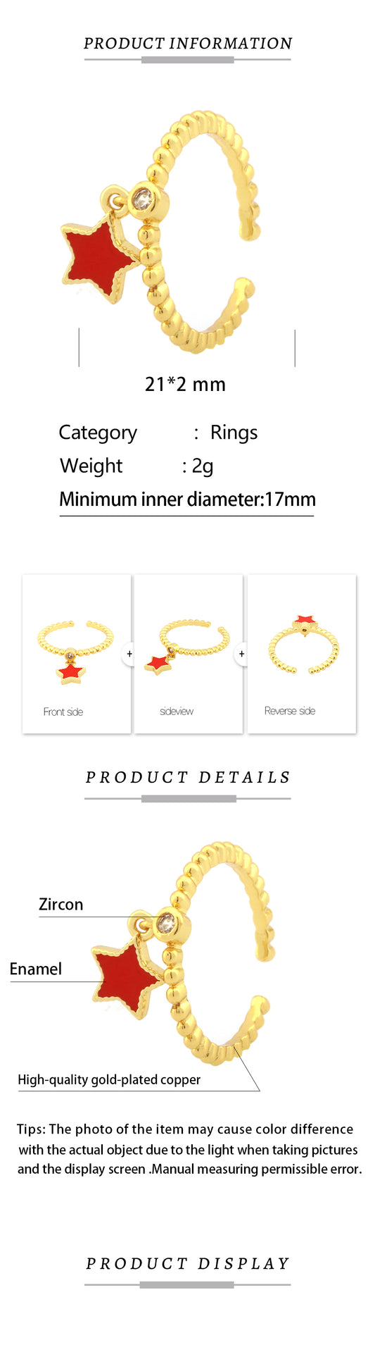 Simple Style Pentagram Copper Enamel Plating Inlay Zircon 18k Gold Plated Open Rings