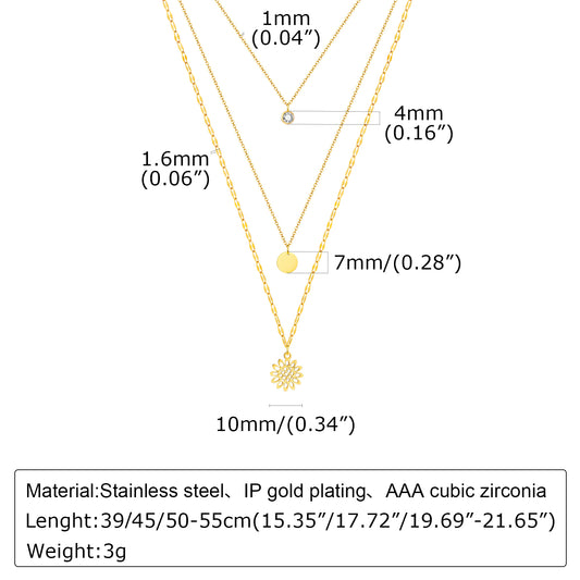 Vacation Simple Style Sunflower Stainless Steel Plating Inlay Zircon Gold Plated Three Layer Necklace