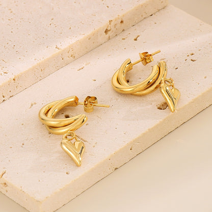 1 Pair Bridal Shiny Heart Shape Plating Stainless Steel 18k Gold Plated Drop Earrings Ear Studs