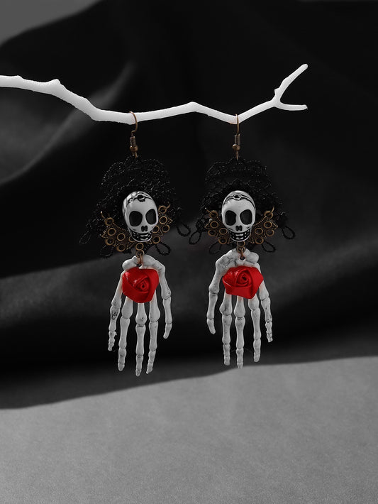 Wholesale Jewelry Retro Exaggerated Punk Palm Rose Skull Alloy Plastic Cloth Mesh Drop Earrings