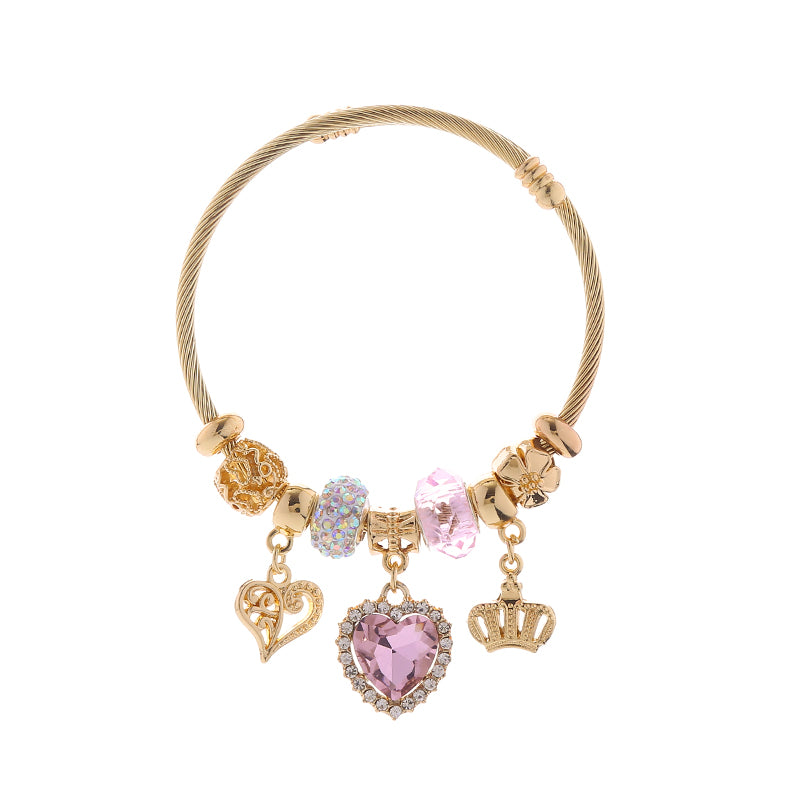 Elegant Cute Heart Shape Crown Stainless Steel Alloy Beaded Inlay Rhinestones Unisex Bangle