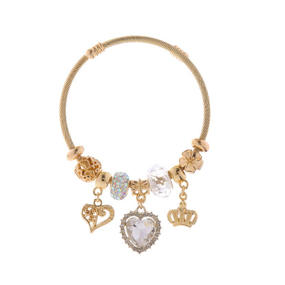 Elegant Cute Heart Shape Crown Stainless Steel Alloy Beaded Inlay Rhinestones Unisex Bangle