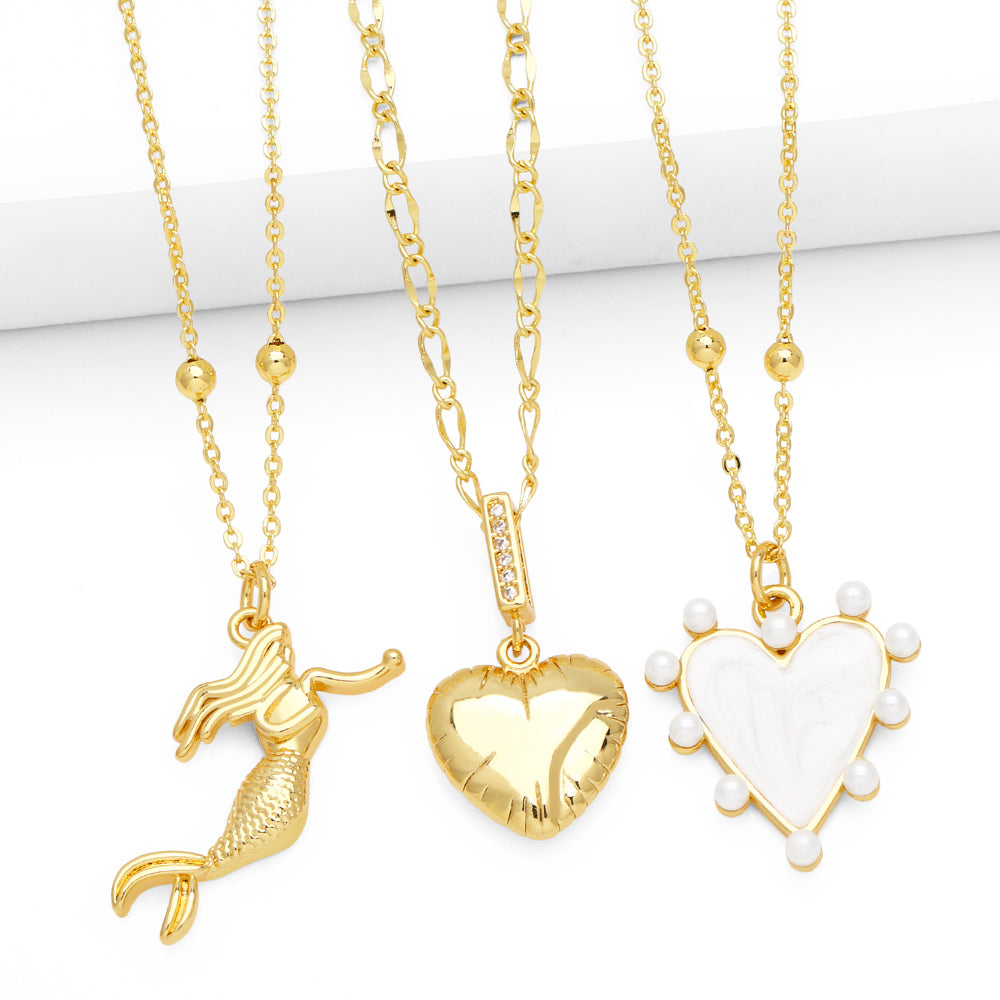 Ig Style Fashion Heart Shape Mermaid Copper Plating Inlay Zircon 18k Gold Plated Necklace