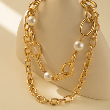 Cute Vintage Style Sweet Chains Print Imitation Pearl Aluminum Wholesale Layered Necklaces