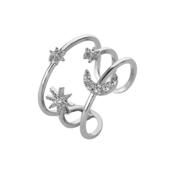 European And American Fashion Ladies Ring Three-layer Hollow Star Moon Ring Personalized Diamond Pentagram Opening Ring