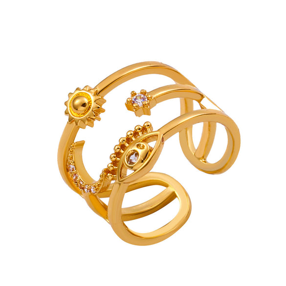 European And American Fashion Ladies Ring Three-layer Hollow Star Moon Ring Personalized Diamond Pentagram Opening Ring