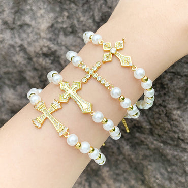 Ig Style Fashion Cross Baroque Pearls Copper Beaded Plating Inlay Zircon 18k Gold Plated Women's Bracelets