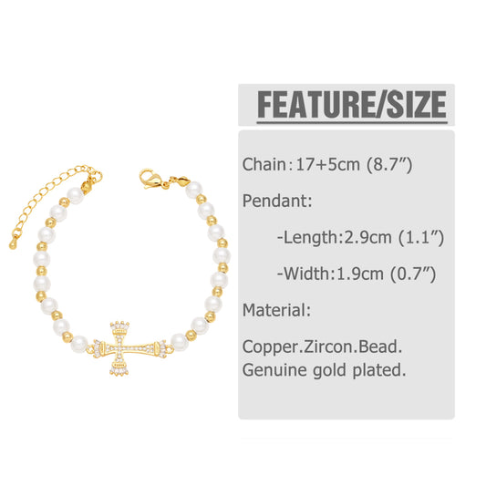 Ig Style Fashion Cross Baroque Pearls Copper Beaded Plating Inlay Zircon 18k Gold Plated Women's Bracelets