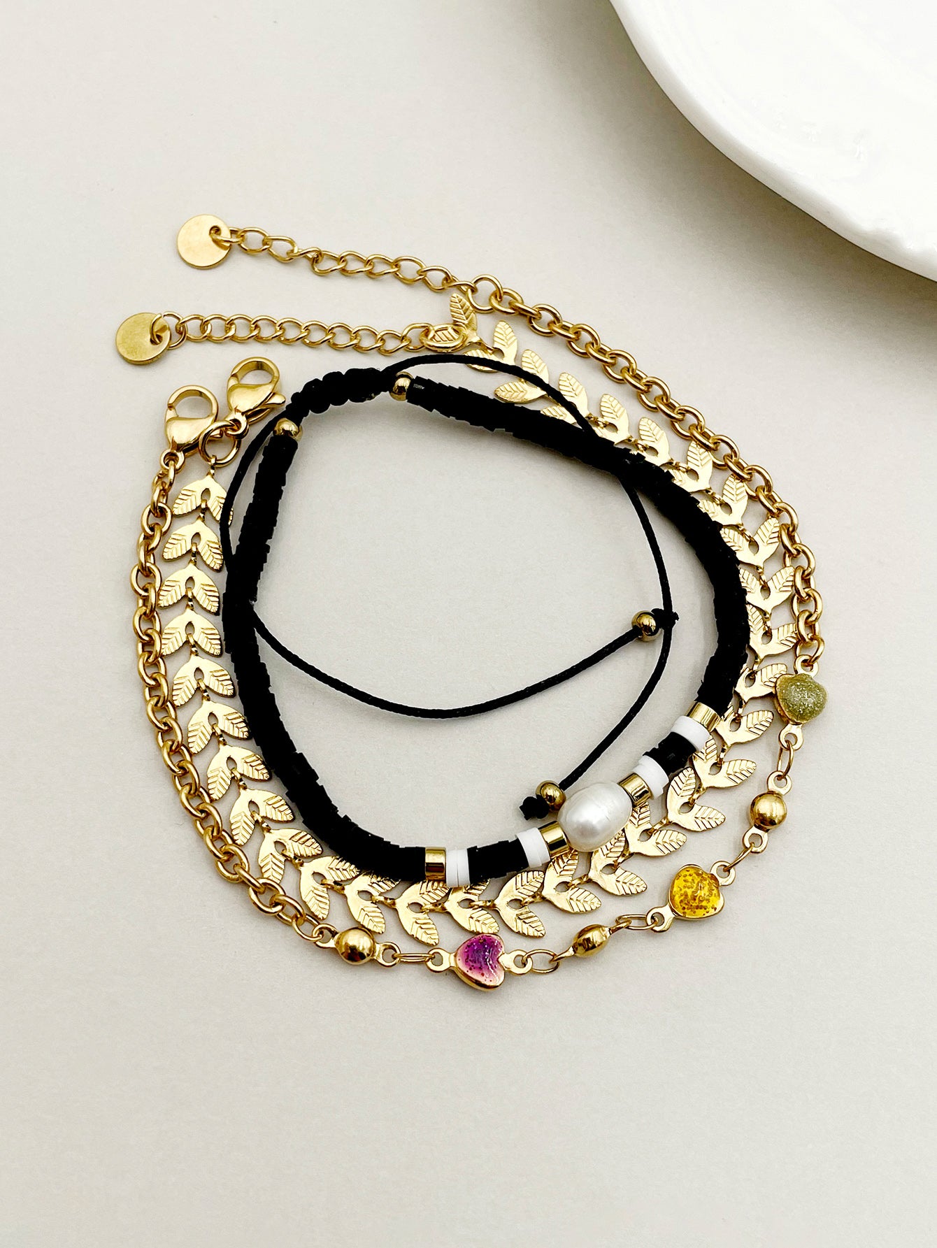 Vintage Style Handmade Geometric Colorful Heart Shape Stainless Steel Artificial Crystal Soft Clay Polishing Enamel Plating 14k Gold Plated Women's Bracelets