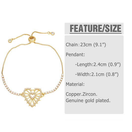 Fashion Simple Style Heart Shape Flower Butterfly Copper Plating Inlay Zircon 18k Gold Plated Bracelets