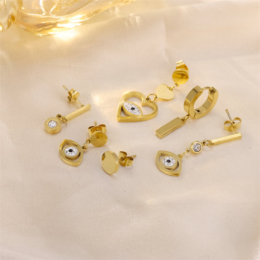 1 Set Simple Style Commute Devil's Eye Heart Shape Plating Inlay Stainless Steel Rhinestones 18k Gold Plated Drop Earrings