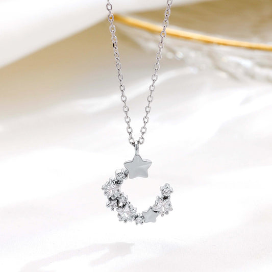 Basic Modern Style Star Moon Sterling Silver Zircon Pendant Necklace In Bulk